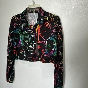 Reflective Figure Print Button Front Crop Jacket